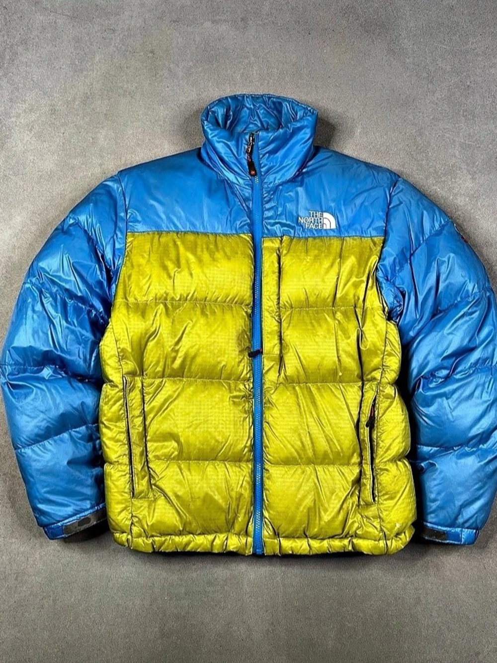 The North Face 700 Fill Down Puffer Jacket Color Block Blue & Yellow Medium